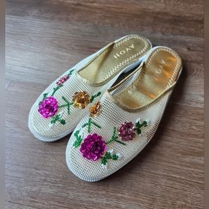 Vintage Avon Mesh Sequins Floral Sequined Net Mules Shoes Slip On Womens 8